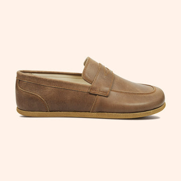 Grounding Shoes Penny Loafer Style Handmade with Cruelty-Free Beige Brown Brown Top-Grain Leather and Water Buffalo Leather Soles Slip On Unisex Shown In Side View