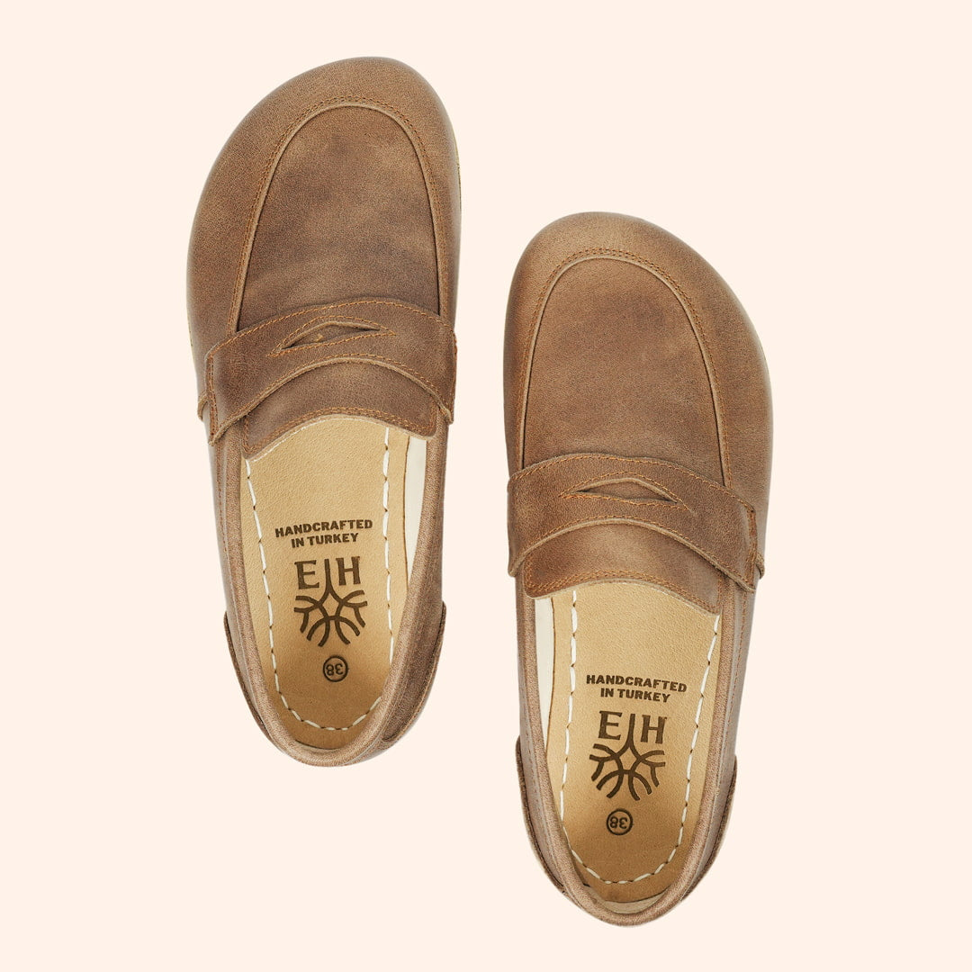 Grounding Shoes Penny Loafer Style with Conductive Copper Rivet Handmade with Natural Beige Brown Top-Grain Leather and Water Buffalo Leather Soles Slip On Unisex Shown in Top View