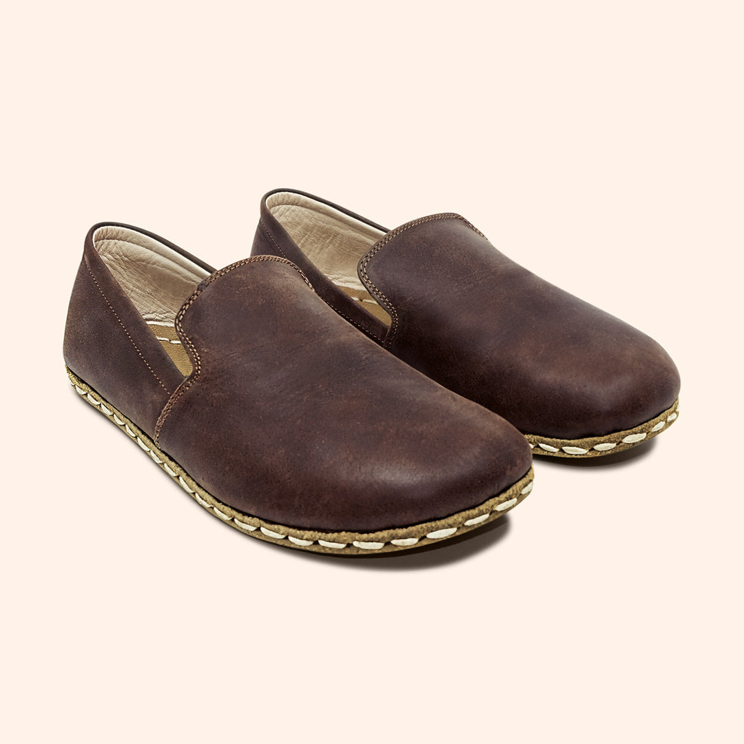 Earthing Shoes Handmade with Cruelty-Free Dark Brown Top-Grain Leather and Water Buffalo Leather Soles Slip Ons Unisex Diagonal View
