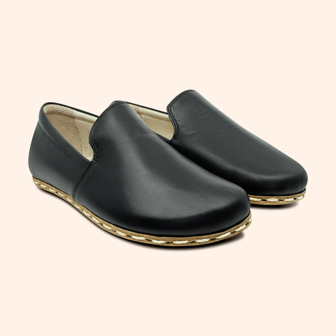 Earthing Shoes Handmade with Cruelty-Free Black Top-Grain Leather and Water Buffalo Leather Soles Slip Ons Unisex Diagonal View