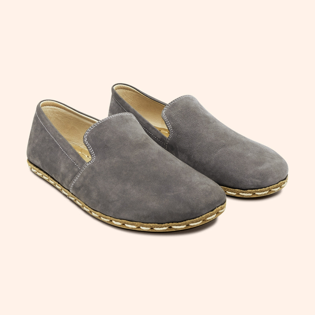 Earthing Shoes Handmade with Cruelty-Free Nubuck Gray Top-Grain Leather and Water Buffalo Leather Soles Slip Ons Unisex Diagonal View
