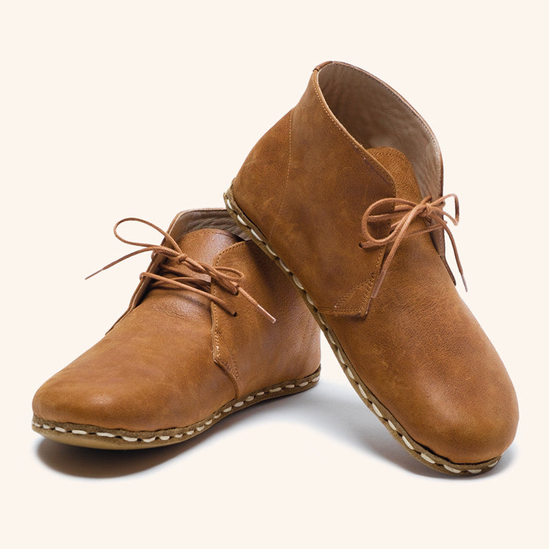 Earthing Boots Handmade with Cruelty-Free Honey Brown Top-Grain Leather and Water Buffalo Leather Soles Lace Up Unisex Front View