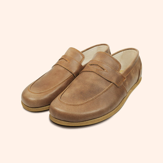 Grounding Shoes Penny Loafer Style with Conductive Copper Rivet Handmade with Natural Beige Brown Top-Grain Leather and Water Buffalo Leather Soles That Are Easy To Slip On Shown in Diagonal View