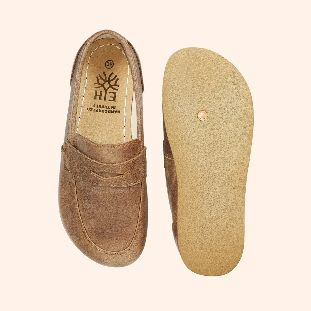 Grounding Shoes Penny Loafer Unisex Style Unisex that are handmade with Natural Beige Brown Top-Grain Leather and Water Buffalo Leather Soles with Conductive Copper Rivet Shown From Top View