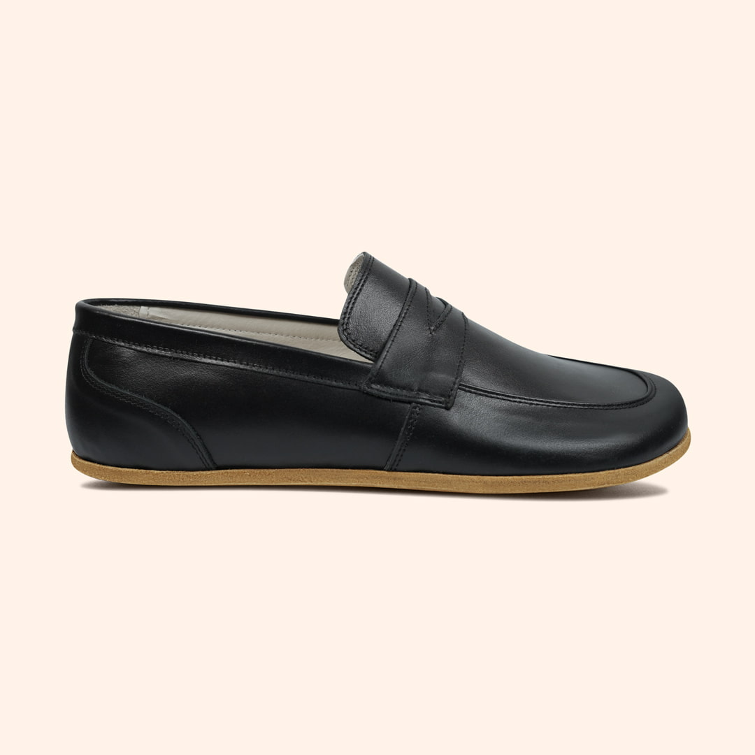 Grounding Shoes Penny Loafer Style Handmade with Cruelty-Free Charcoal Black Top-Grain Leather and Water Buffalo Leather Soles Slip On Unisex Shown In Side View