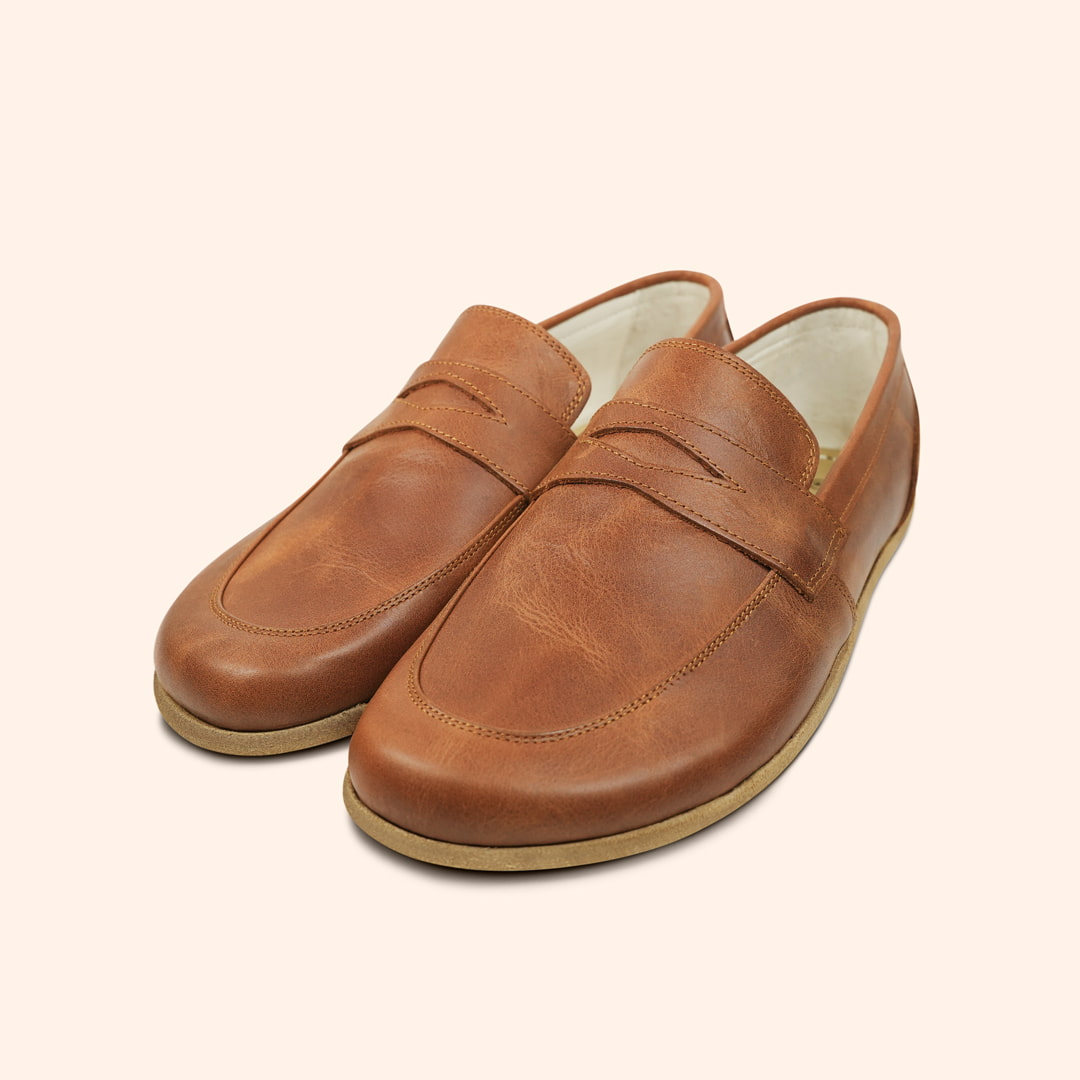 Grounding Shoes Penny Loafer Style with Conductive Copper Rivet Handmade with Natural Chestnut Brown Top-Grain Leather and Water Buffalo Leather Soles That Are Easy To Slip On Shown in Diagonal View