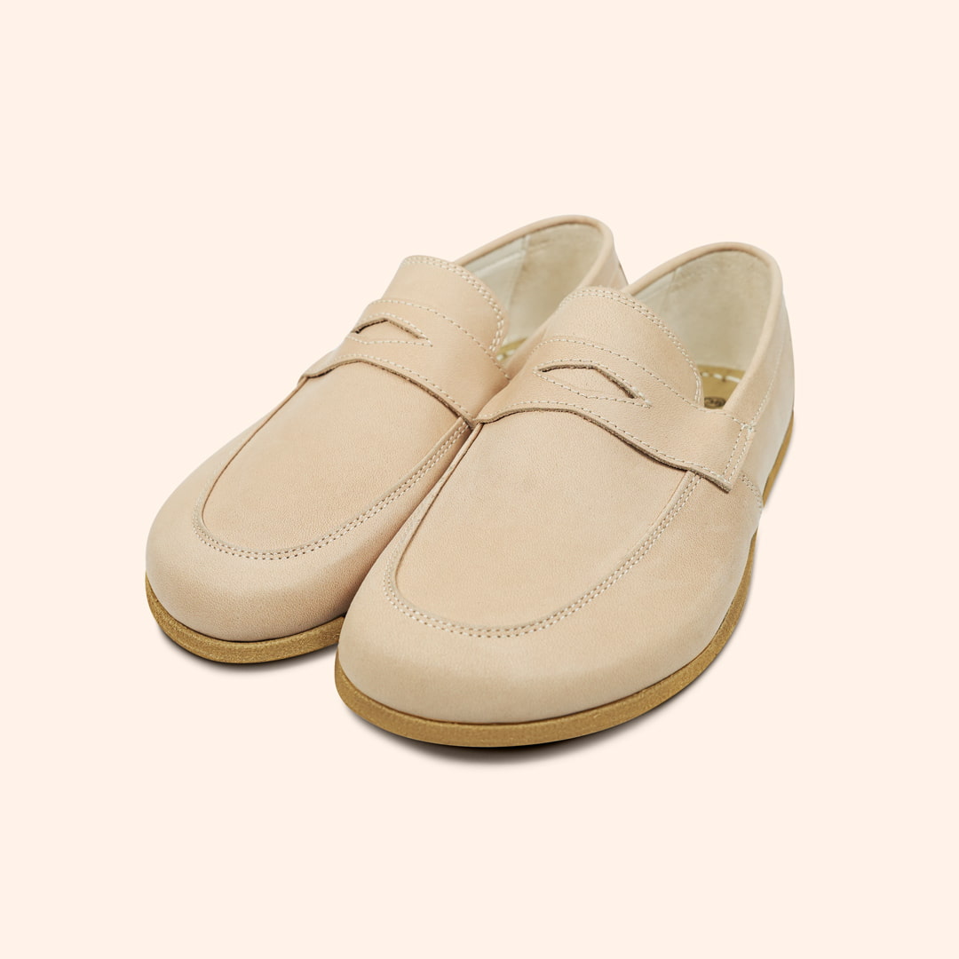 Grounding Shoes Penny Loafer Style with Conductive Copper Rivet Handmade with Natural Undyed Top-Grain Leather and Water Buffalo Leather Soles That Are Easy To Slip On Shown in Diagonal View