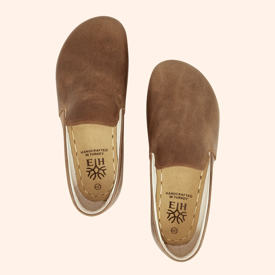 Earthing Shoes Handmade with Cruelty-Free Light Brown Top-Grain Leather and Water Buffalo Leather Soles Slip Ons Unisex Top View 2