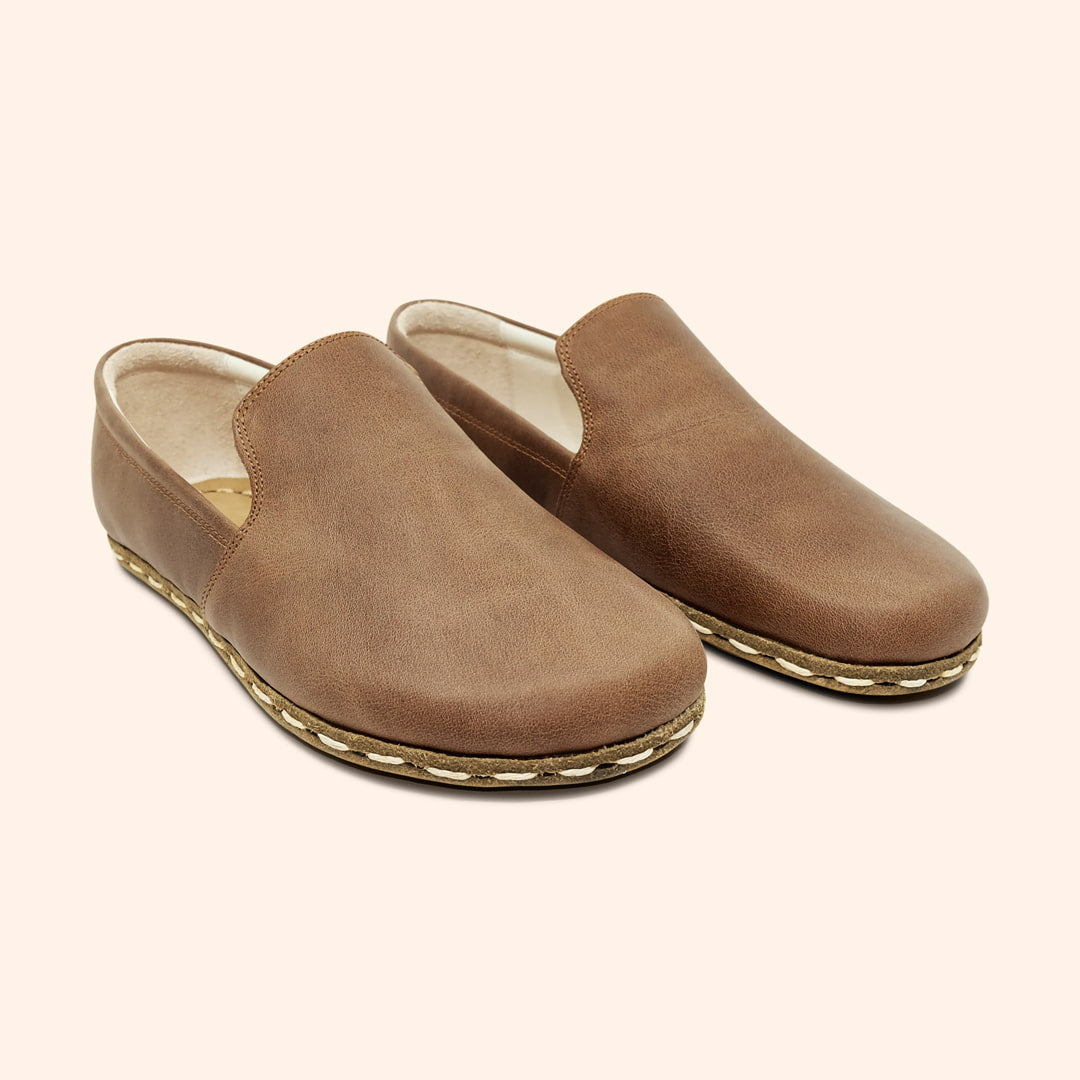 Earthing Shoes Handmade with Cruelty-Free Light Brown Top-Grain Leather and Water Buffalo Leather Soles Slip Ons Unisex Diagonal View 