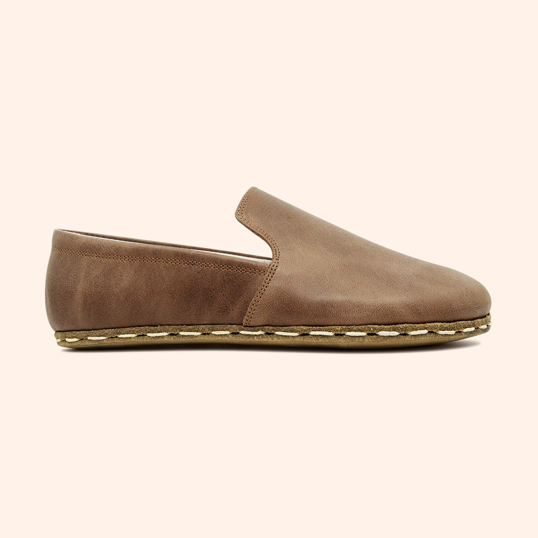 Earthing Shoes Handmade with Cruelty-Free Light Brown Top-Grain Leather and Water Buffalo Leather Soles Slip Ons Unisex Side View 