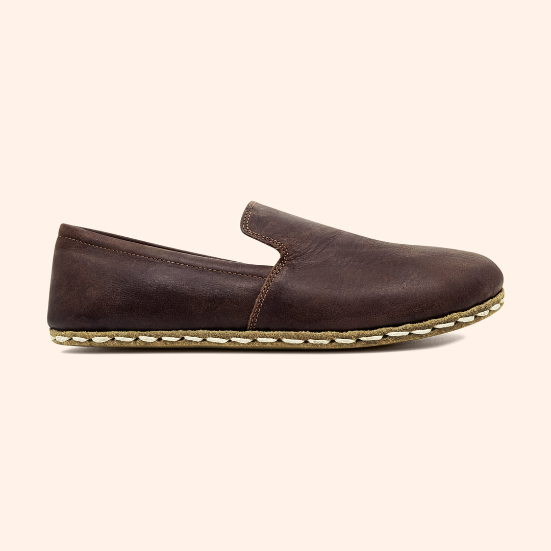 Earthing Shoes Handmade with Cruelty-Free Dark Brown Top-Grain Leather and Water Buffalo Leather Soles Slip Ons Unisex Side View 