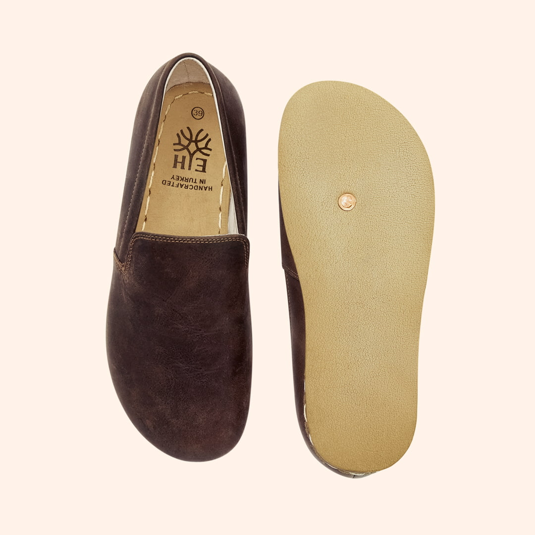 Earthing Shoes with Conductive Copper Rivet Handmade with Natural Brentwood Brown Top-Grain Leather and Water Buffalo Leather Soles Slip On Unisex Top View