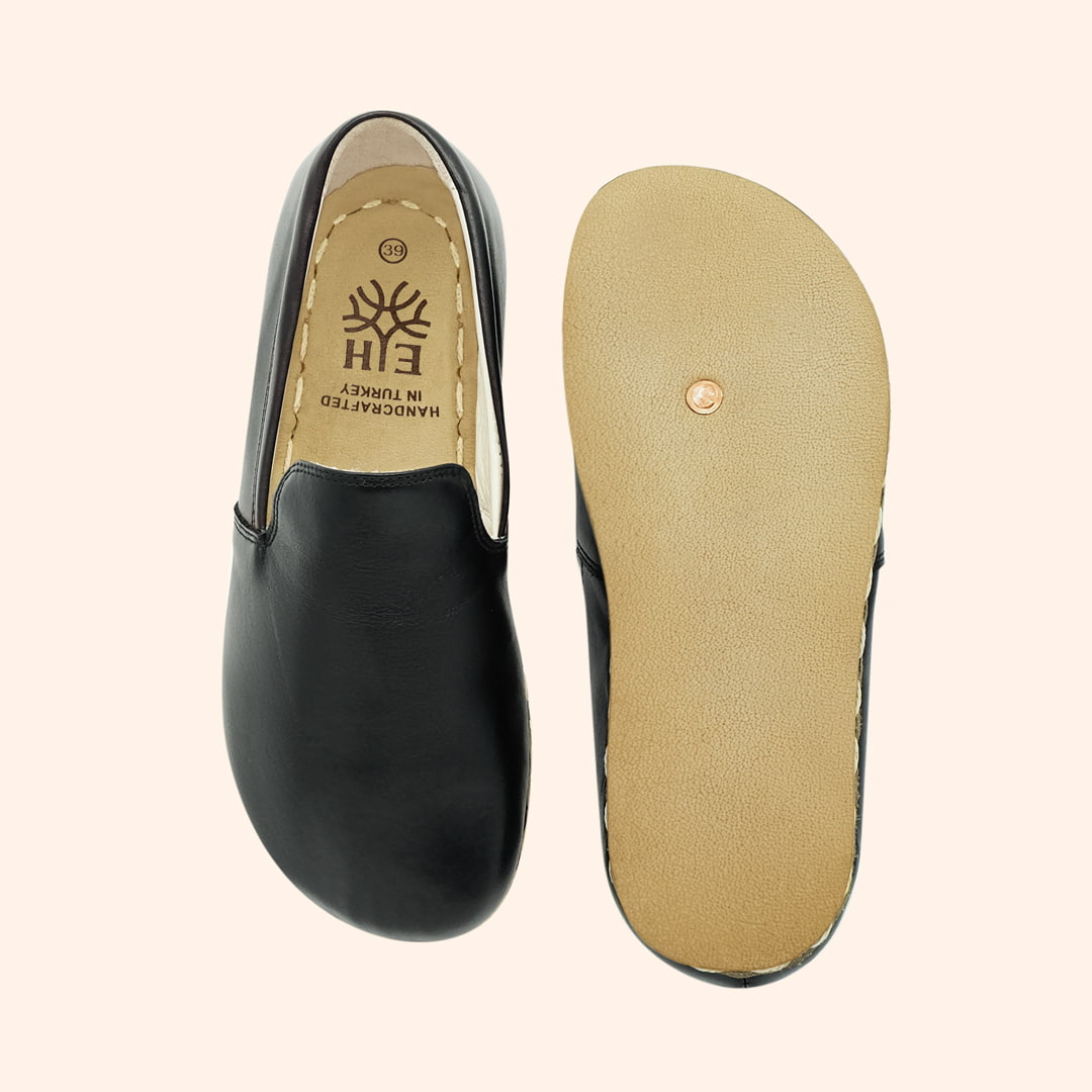 Earthing Shoes with Conductive Copper Rivet Handmade with Natural Black Top-Grain Leather and Water Buffalo Leather Soles Slip On Unisex Top View