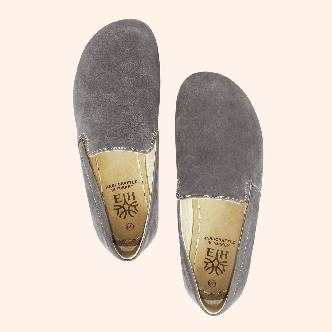 Earthing Shoes Handmade with Cruelty-Free Nubuck Gray Top-Grain Leather and Water Buffalo Leather Soles Slip Ons Unisex Top View 2