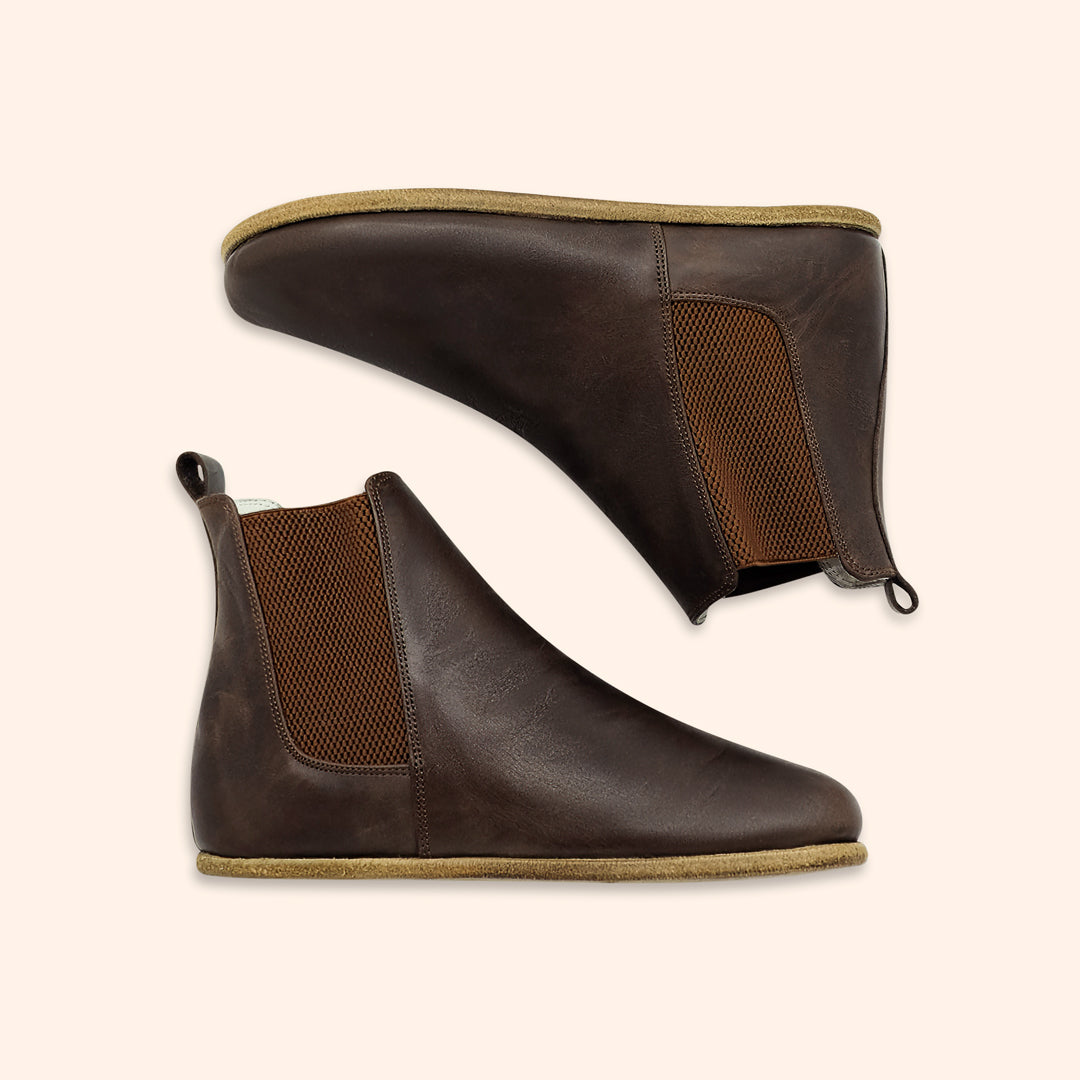 Earthing Chelsea Boots Handmade with Brentwood Brown Top-Grain Leather and Water Buffalo Leather Soles Unisex Side and Top View