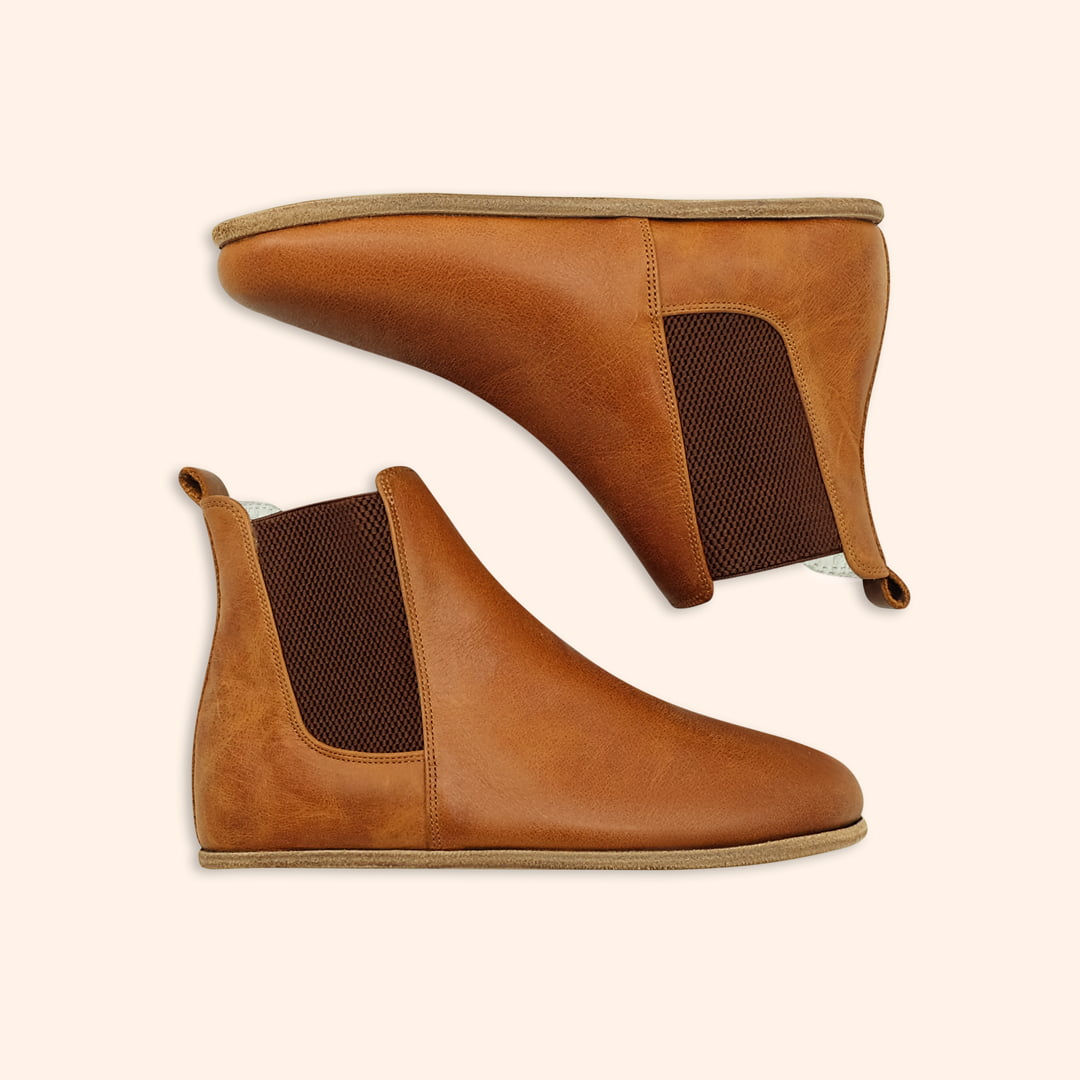 Earthing Chelsea Boots Handmade with Honey Brown Top-Grain Leather and Water Buffalo Leather Soles Unisex Side and Top View