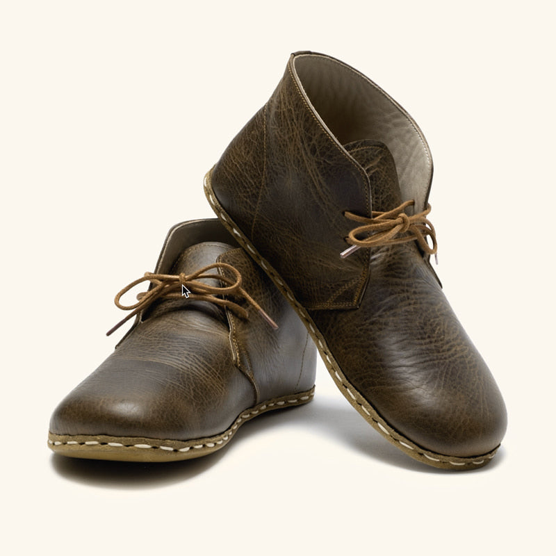 Grounding Lace Up Unisex Boots that are handmade with Natural Dark Brown Top-Grain Leather and Water Buffalo Leather Soles Shown From Front View 