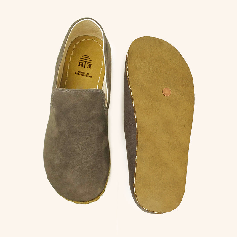 Earthing Shoes with Conductive Copper Rivet Handmade with Natural Gray Nubuck Top-Grain Leather and Water Buffalo Leather Soles Slip On Unisex Top View