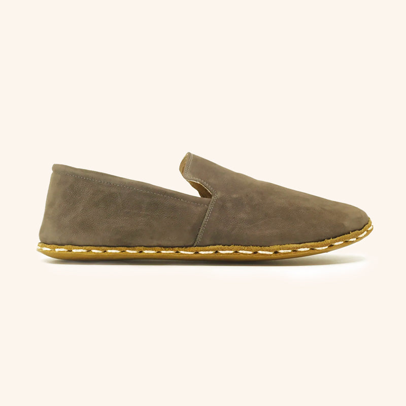 Earthing Shoes Handmade with Cruelty-Free Gray Nubuck Top-Grain Leather and Water Buffalo Leather Soles Slip On Unisex Side View