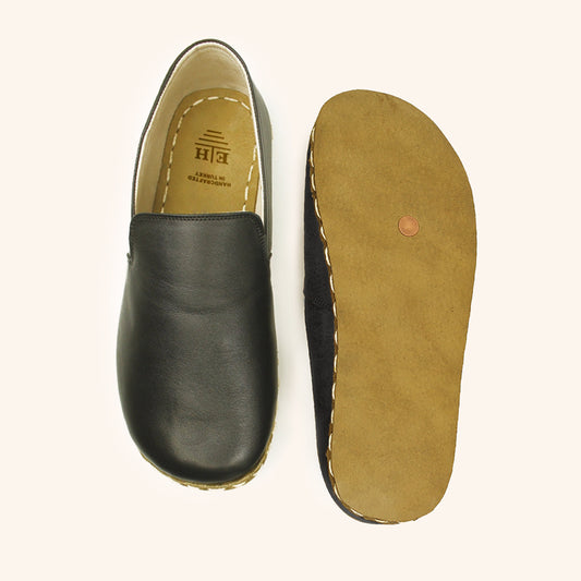Earthing Shoes with Conductive Copper Rivet Handmade with Natural  Black Top-Grain Leather and Water Buffalo Leather Soles Slip On Unisex Top View 