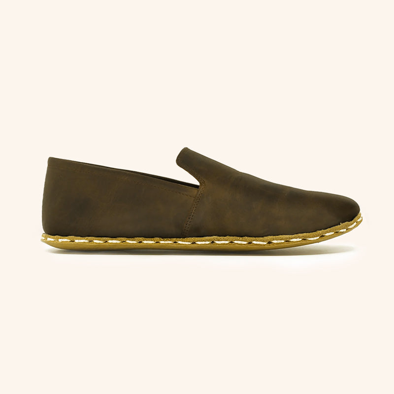 Earthing Shoes Handmade with Cruelty-Free Dark Brown Top-Grain Leather and Water Buffalo Leather Soles Slip On Unisex Side View 
