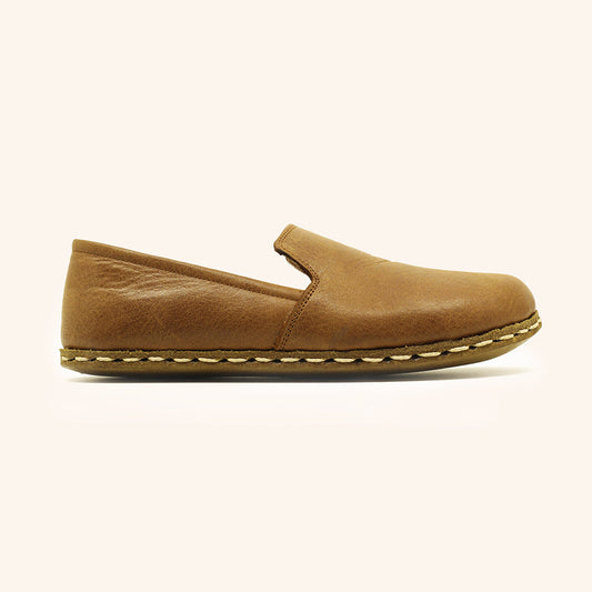  Earthing Shoes Handmade with Cruelty-Free Honey Brown Top-Grain Leather and Water Buffalo Leather Soles Slip On Unisex Side View