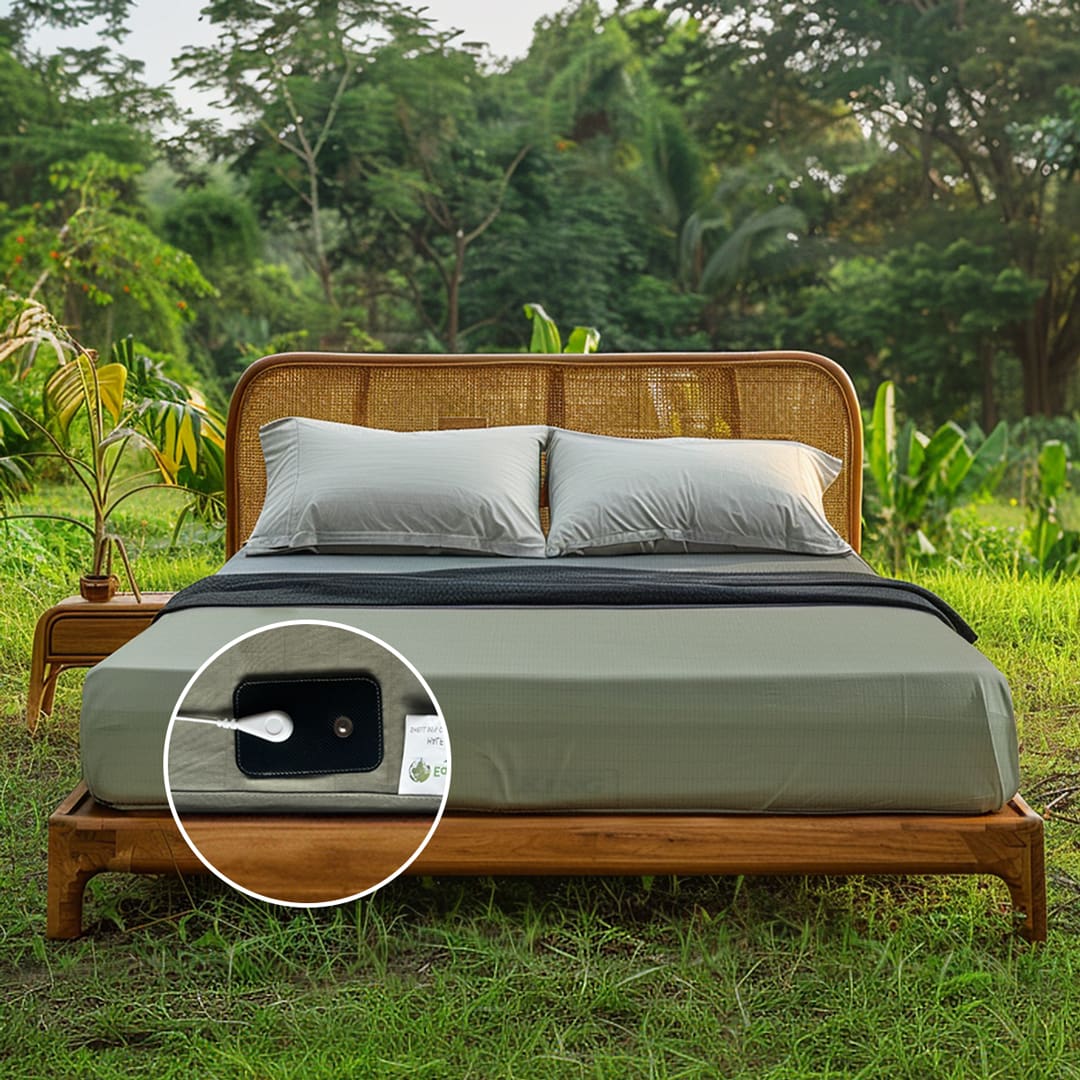 Earthy green grounding fitted sheets on a wooden bed outdoors, demonstrating how earthing can improve overall well-being