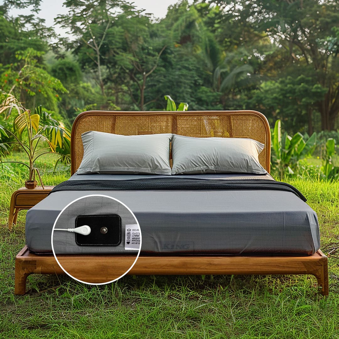 Gray grounding fitted sheets on a wooden bed set in a natural outdoor setting, emphasizing their benefits for enhanced sleep and stress relief