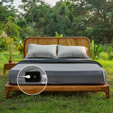 premium grounding bed sheets - Gray grounding sheets on a wooden bed set in a natural outdoor setting, human body, 