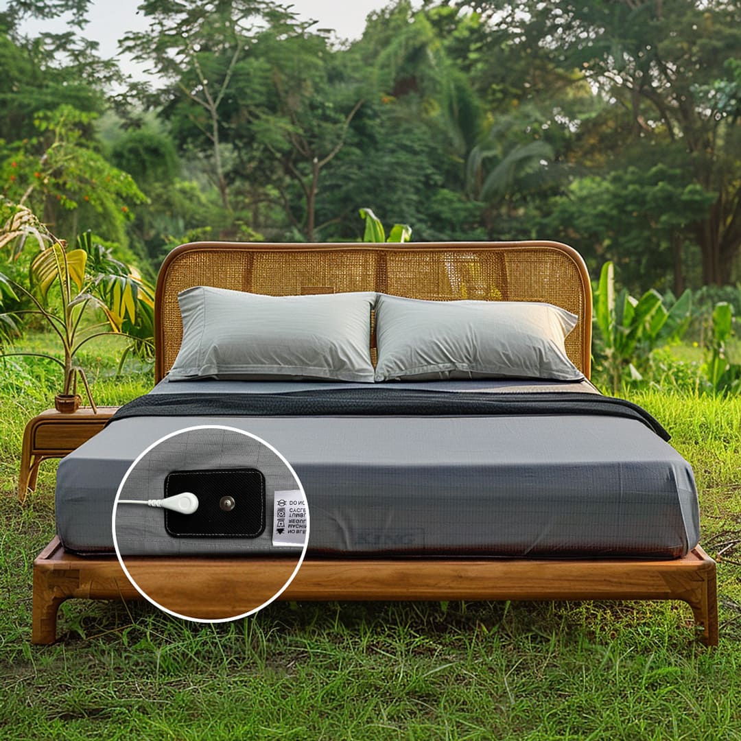 Gray grounding sheets on a wooden bed set in a natural outdoor setting, human body, 