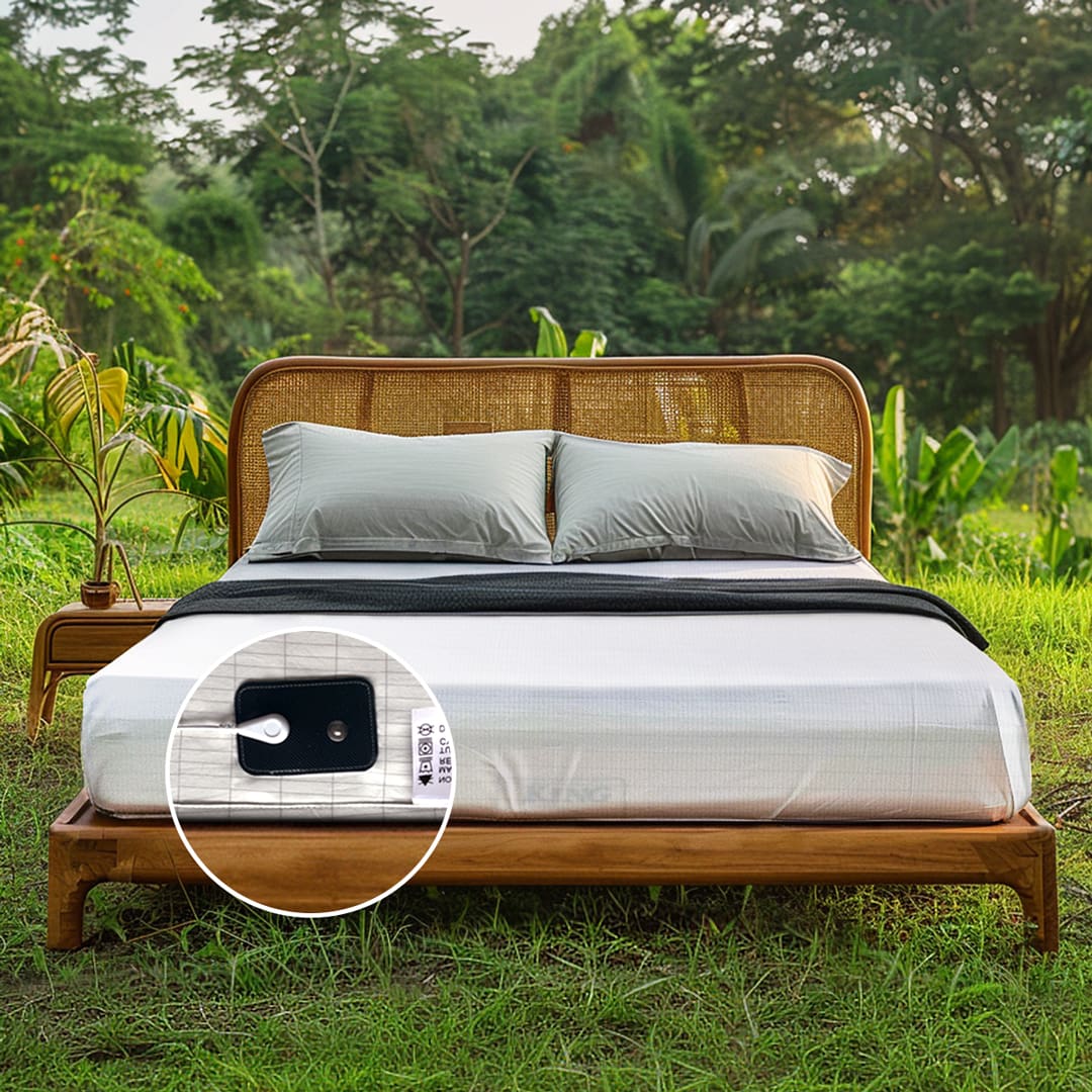 Natural grounding fitted sheets on a wooden outdoor bed, showcasing their effectiveness in pain relief and improving hormonal health