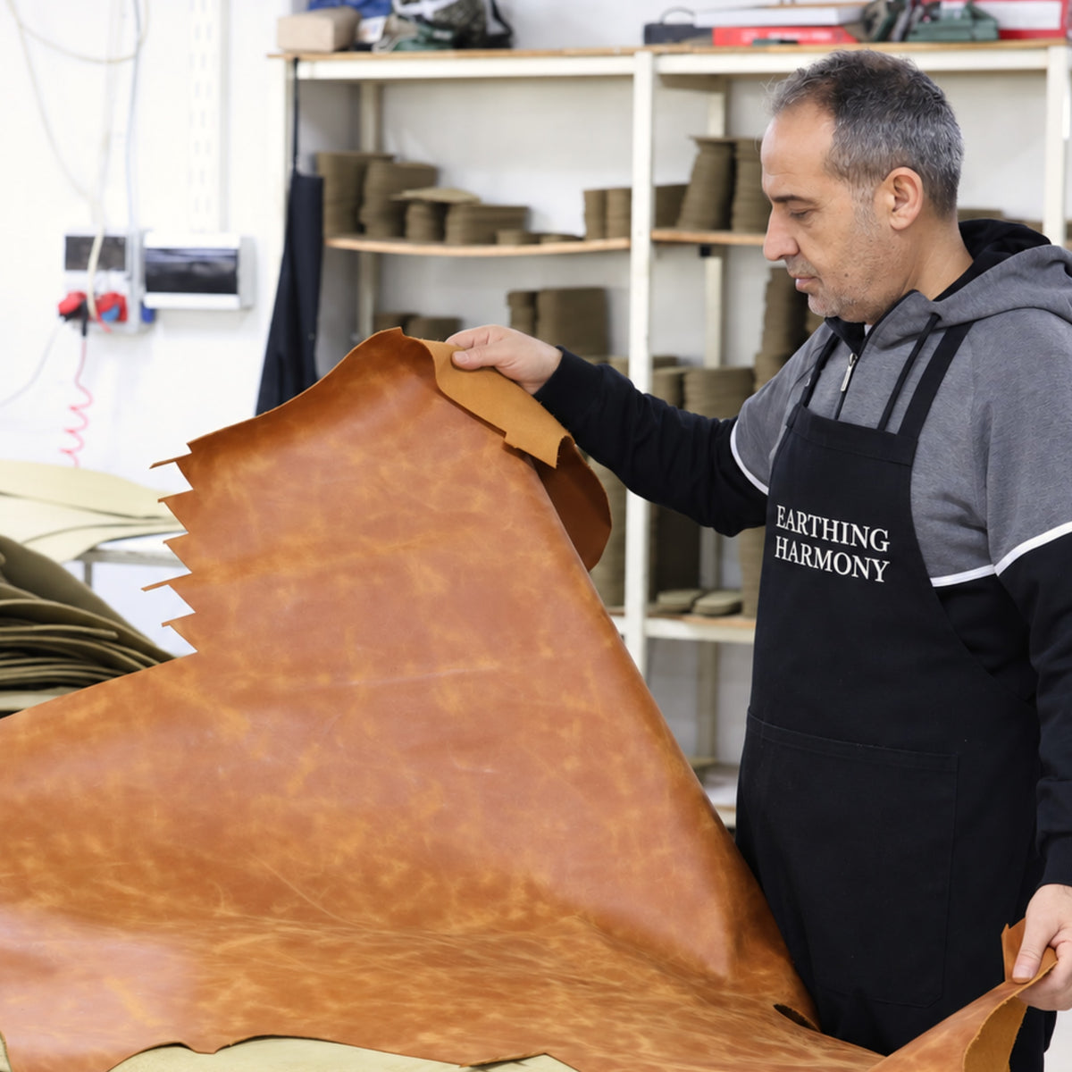 Ekrem, Earthing Harmony leather cutter in Turkey, 30 years in shoemaking