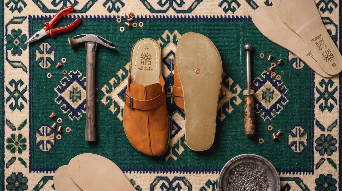 Handmade grounding loafers on the workshop bench