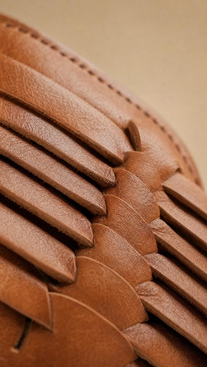Hand-woven leather huarache strips in the Mexico workshop