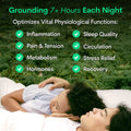 Informative overlay on a grounding sheet outdoors showing health benefits from 7+ hours of nightly grounding, including improved sleep, reduced pain, and better circulation.