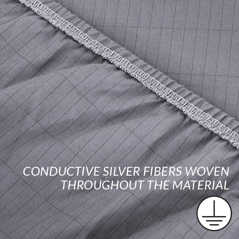 Fitted grounding bed sheet close up view of conductive silver fibers that help to eliminate pain, insomnia and inflammation once connected to grounded outlet